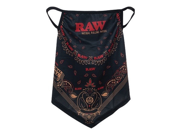 Black bandana with 'RAW' branding on a white background