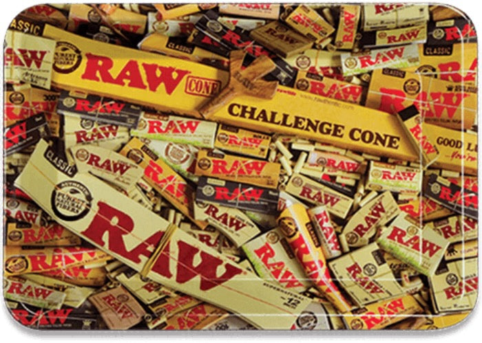 Collection of Raw rolling paper packages on a branded tray.