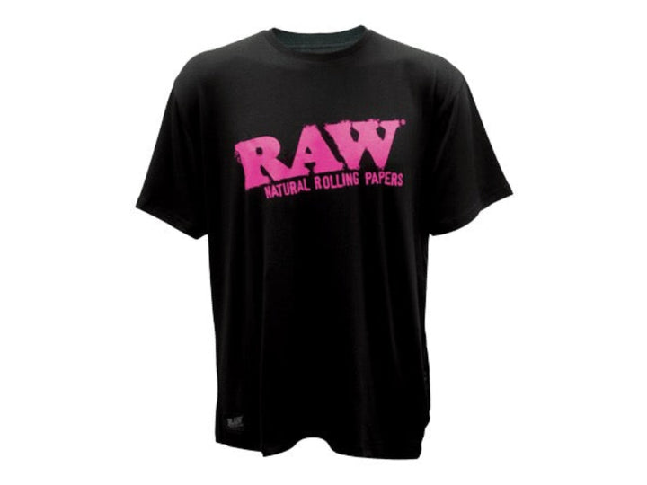 Black t-shirt with pink 'RAW' logo on a white background
