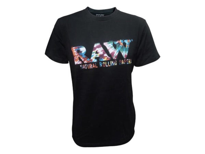 Black t-shirt with colorful 'RAW' branding on a white background