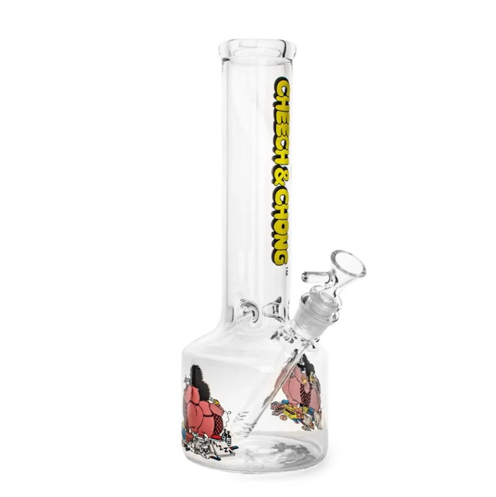 Clear glass bong with colorful designs and 'Cheech & Chong' branding on a white background