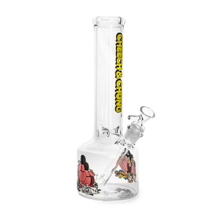 Clear glass bong with colorful designs and 'Cheech & Chong' branding on a white background