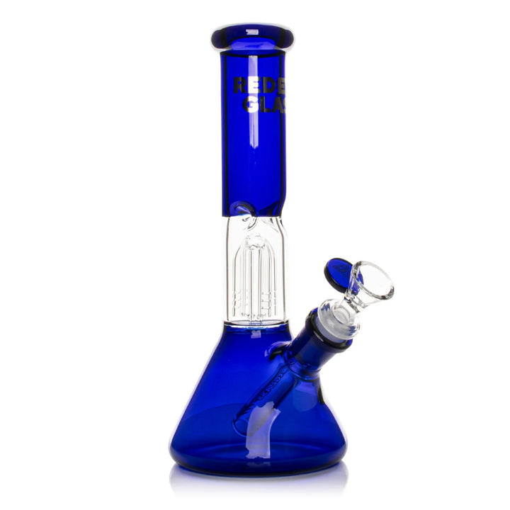 Blue glass water pipe with a white background