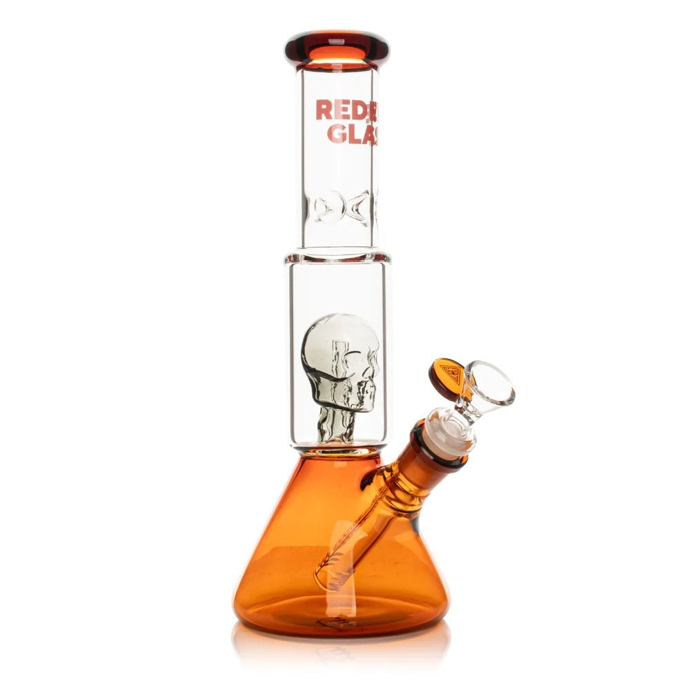 Glass smoking device with skull design and 'Red Glass' branding on a white background