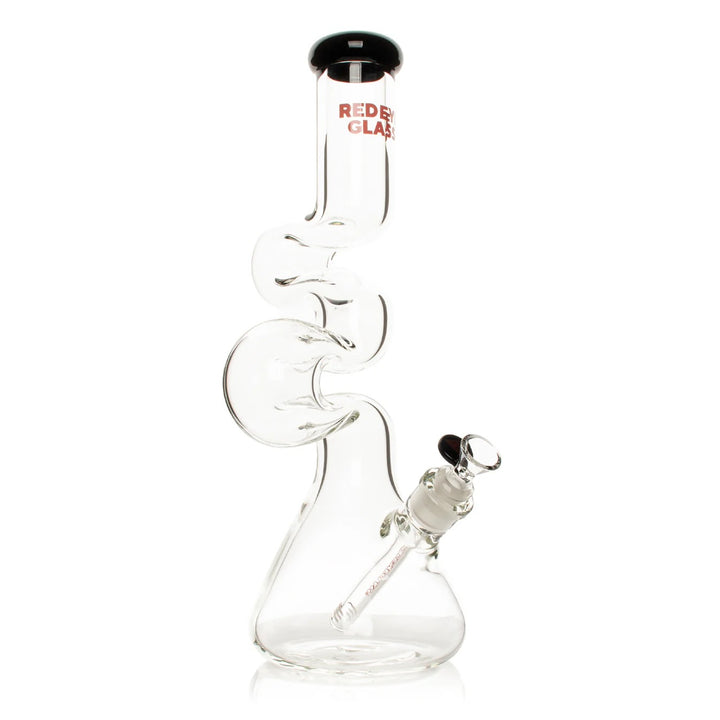 Clear glass smoking device with red text on a white background