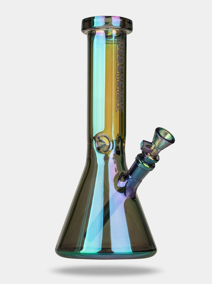 Multicolored glass water pipe with 'Moksha' branding on a white background