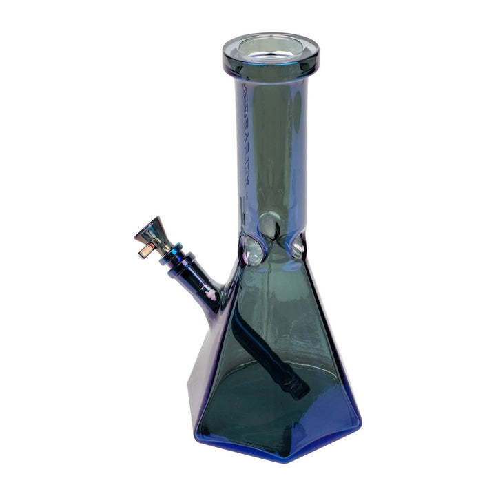 Glass water pipe with blue and clear design on a white background