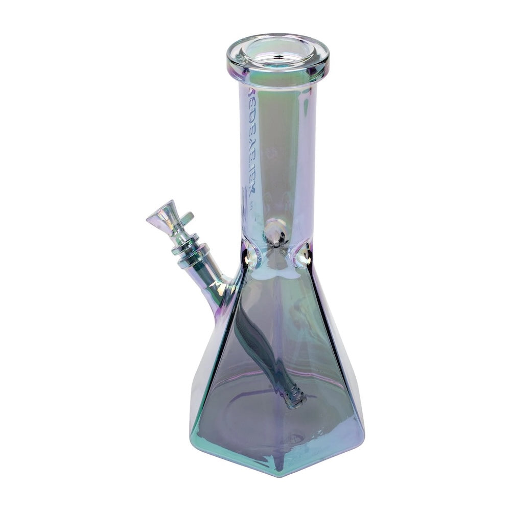 Glass bong with a metallic sheen on a white background