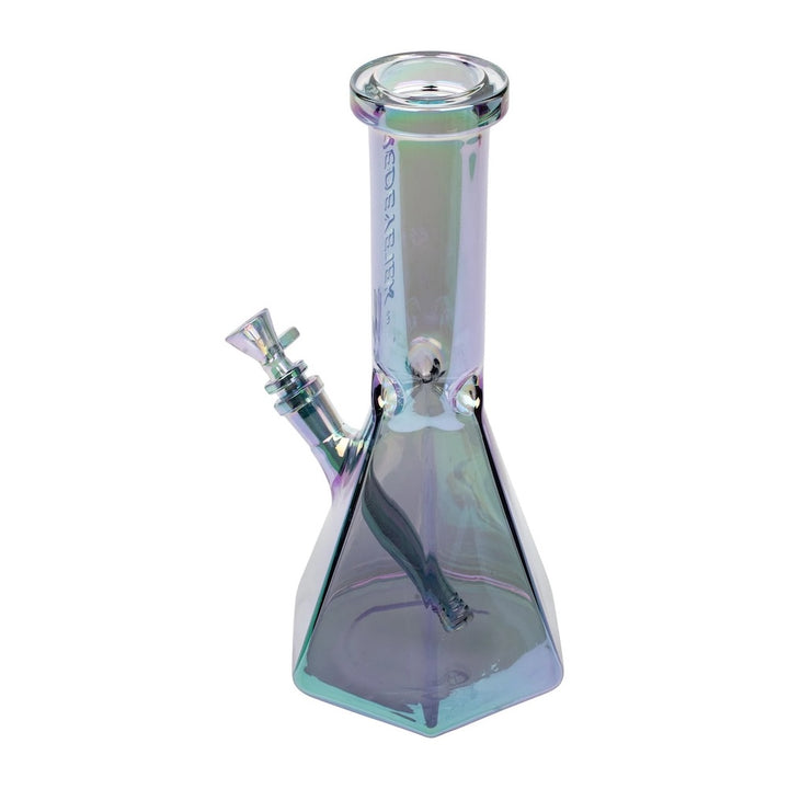Glass bong with a metallic sheen on a white background