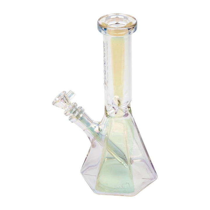 Glass water pipe with geometric design on a white background