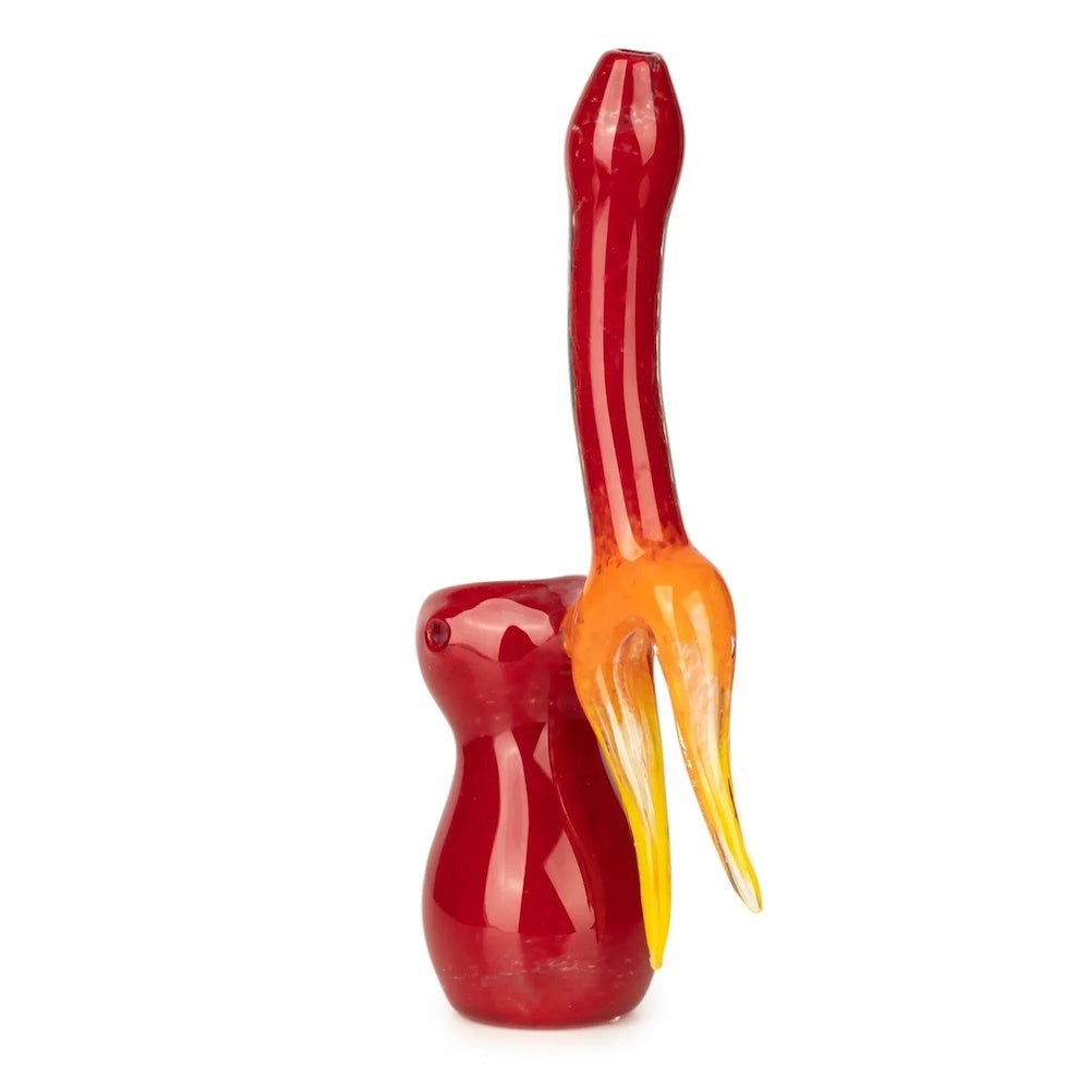 Red and orange glass bubbler on a white background