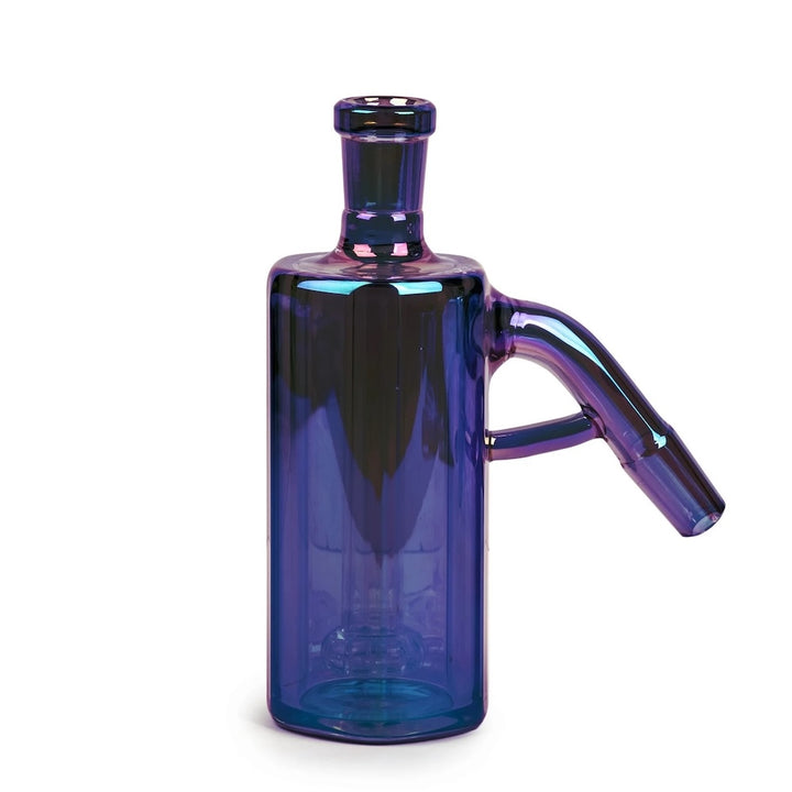 Blue glass water pipe with a handle on a white background