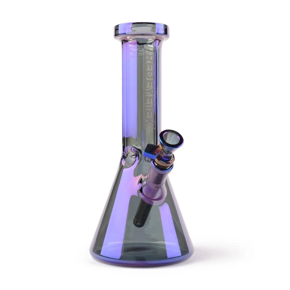 Glass water pipe with purple accent on a white background
