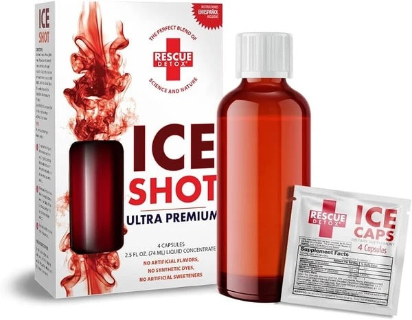 Rescue Detox Ice Shot Ultra Premium product set including a white and red retail box, a translucent amber bottle with red liquid, and a single supplement capsule packet on a white background.