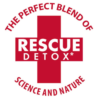 Red cross symbol with text 'The Perfect Blend of Rescue Detox Science and Nature' on a white background