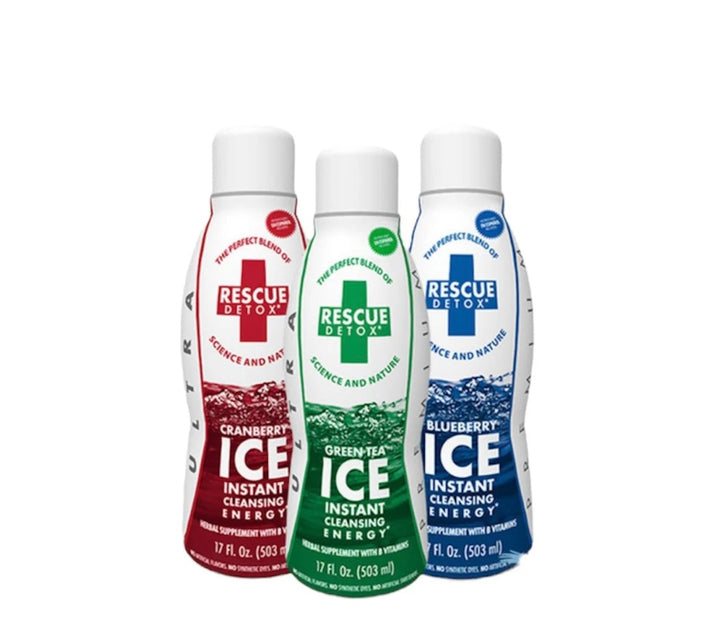 Three bottles of Rescue Detox Ice on a white background
