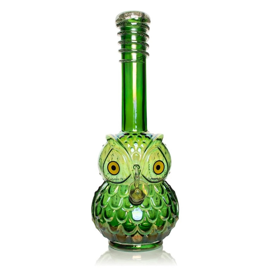 Green glass owl-shaped bong
 on a white background