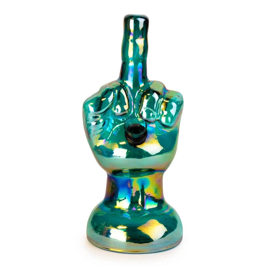 Iridescent glass pipe shaped like a hand making a middle finger gesture on a white background