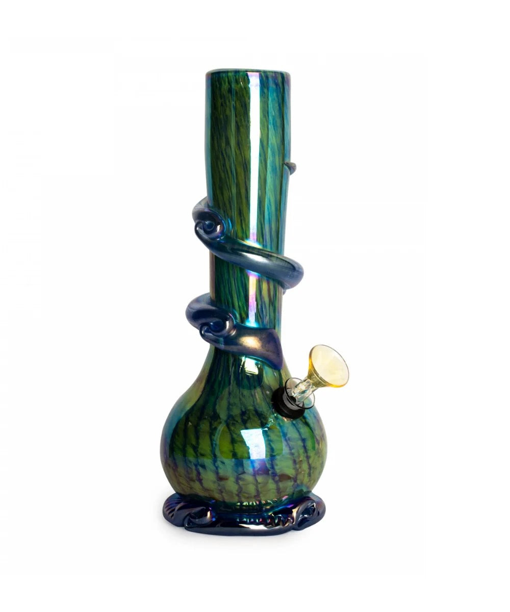 A glass water pipe with a tall, flared neck and bulbous base, featuring a glossy iridescent green and blue finish with a dark blue snake-like wrap around the center and a small yellow glass bowl.