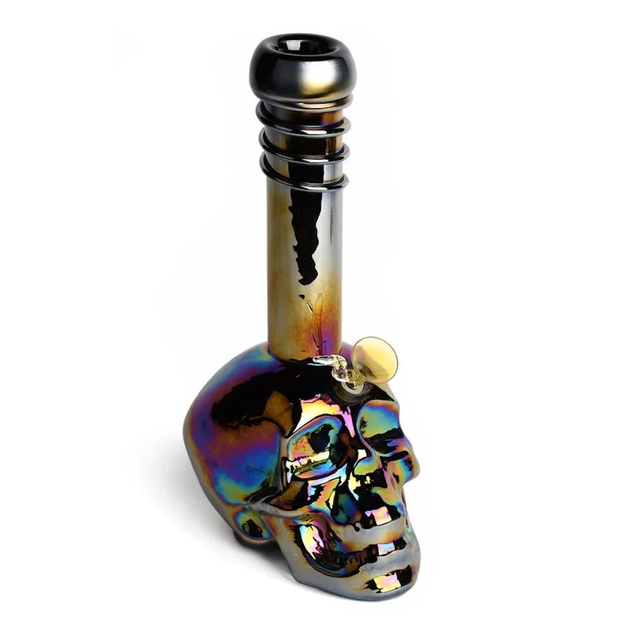 Multicolored skull-shaped pipe on a white background
