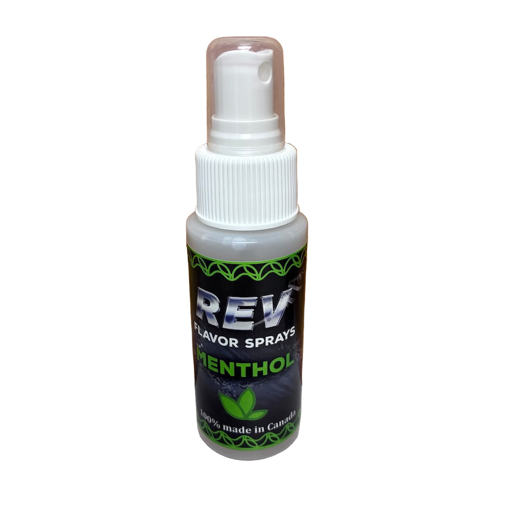 Bottle of Rev Menthol flavor spray on a white background