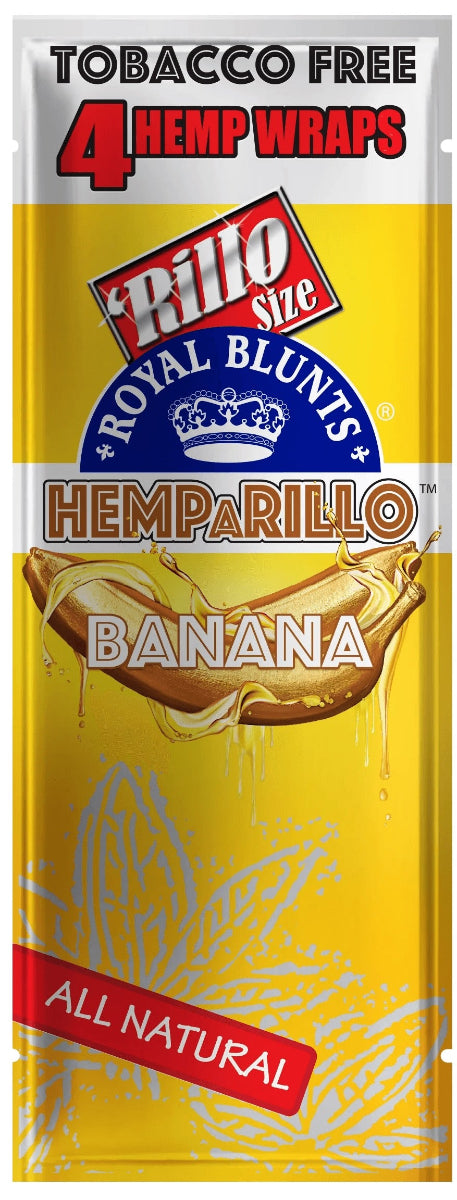 Pack of Hemparillo Banana-flavored hemp wraps with branding on a yellow background