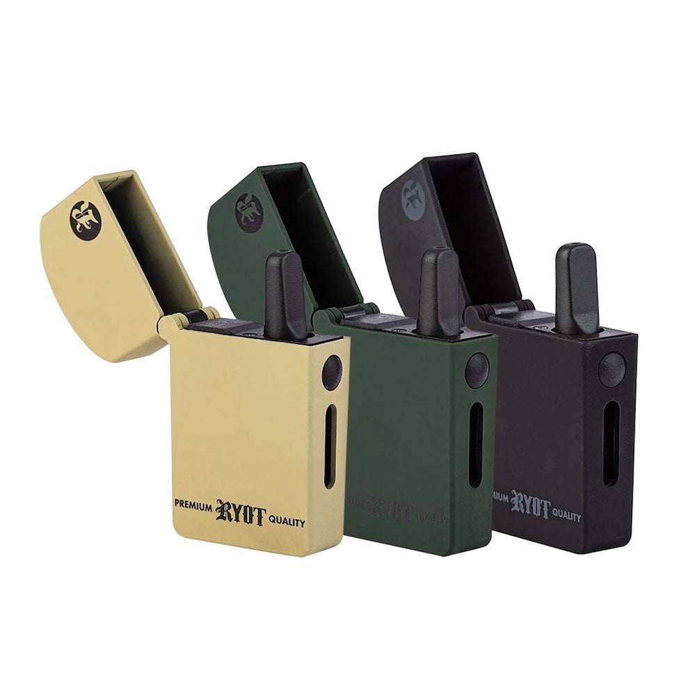 Three ryot Verb 510 vaporizer in beige, green, and black on a white background with 'RYOT' branding.