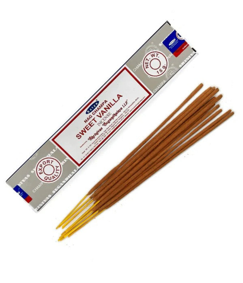 sweet vanilla Incense sticks with their packaging on a white background