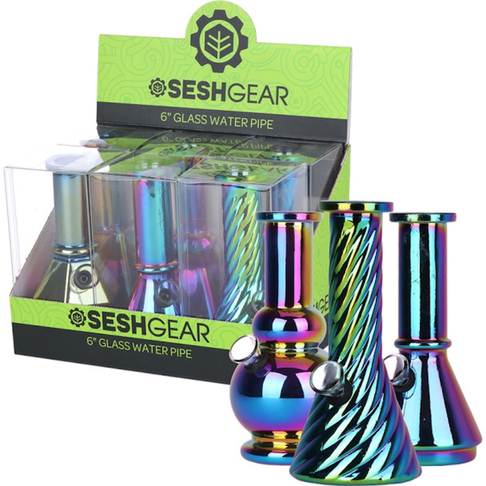 Sesh Gear glass water pipes with colorful finish in front of their packaging.