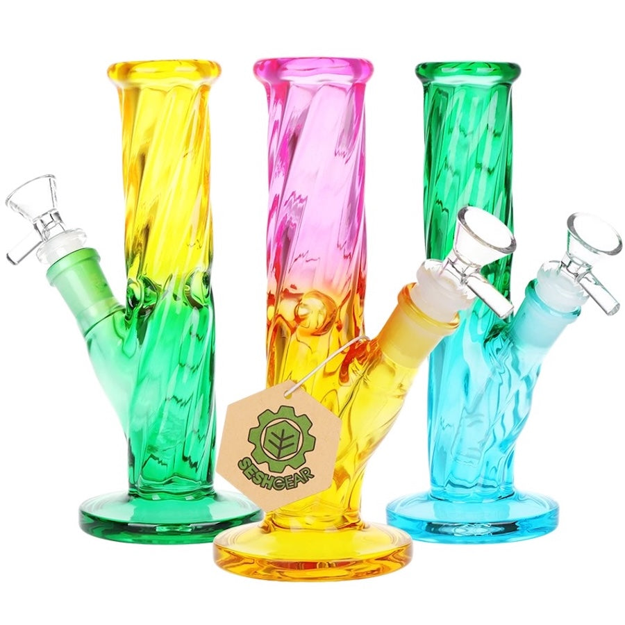 Three colorful glass smoking devices with a brand tag on a white background