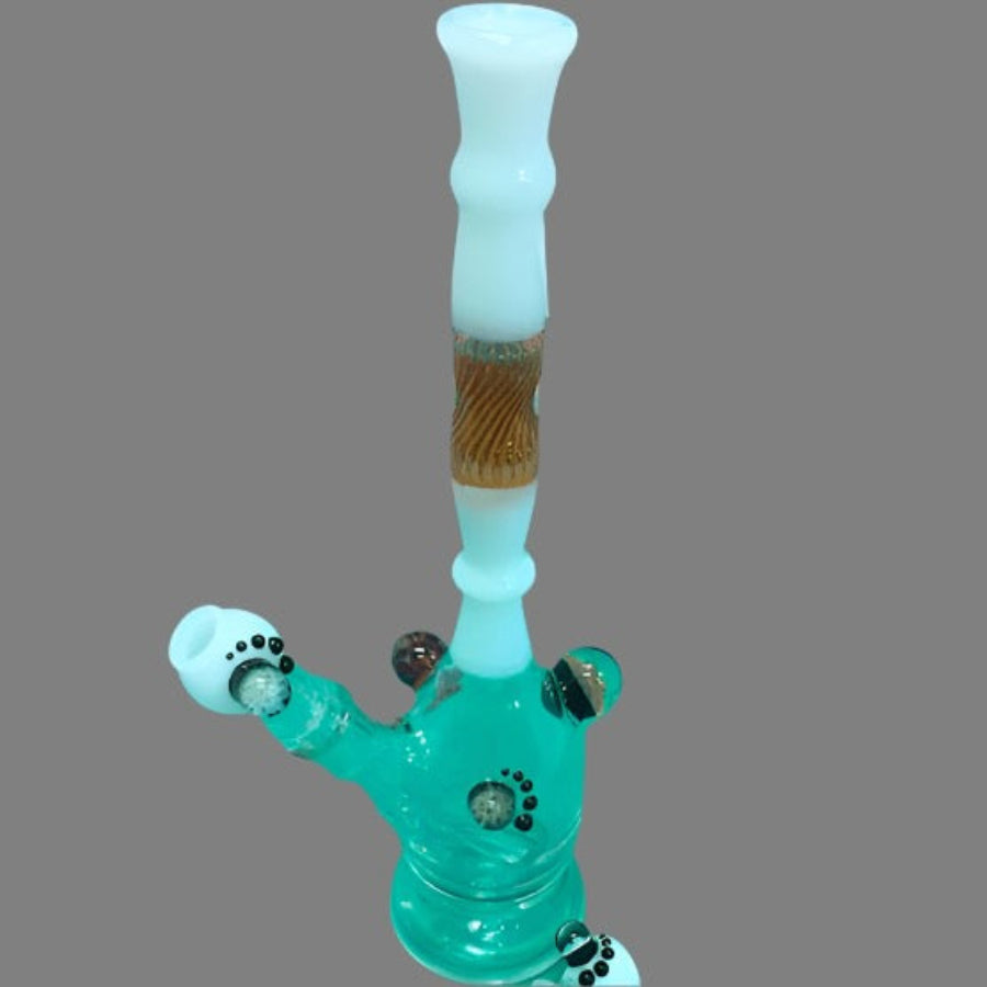 Turquoise glass water pipe with white accents on a gray background