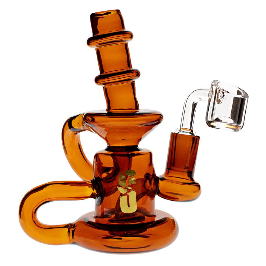 Brown glass water pipe with a logo on a white background