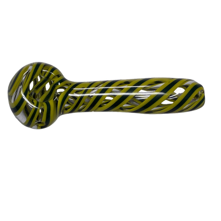 Glass pipe with black and yellow striped design on a white background
