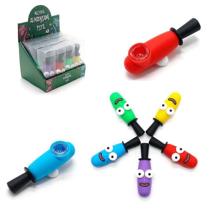 A set of novelty smoking pipes shaped like cartoon eyes, shown in multiple colors including red, blue, green, yellow, purple, and orange on a white background