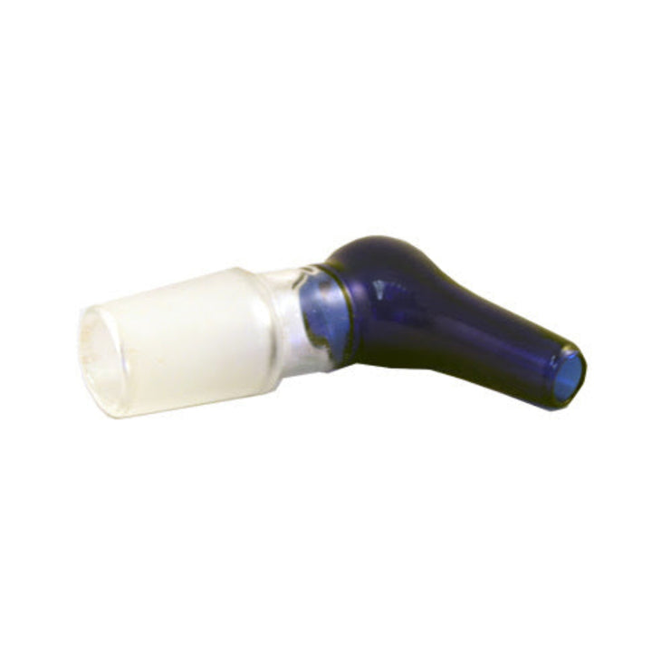 A glass adapter pice with a blue section on the top on a white background