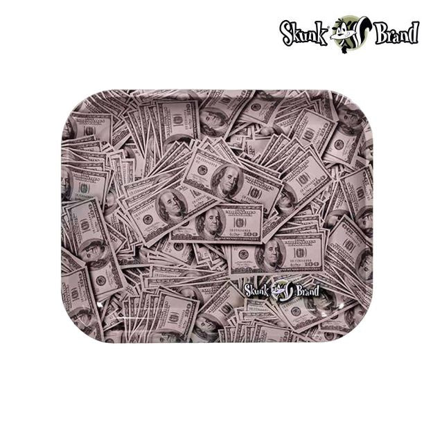 Metal tray with dollar bill design and 'Skunk Brand' logo on a white background