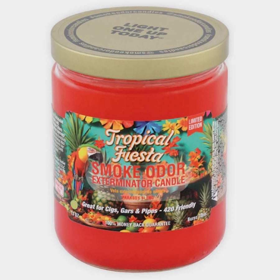 Red candle jar with a colorful label on a white background