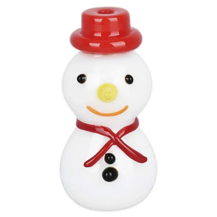 Small snowman glass pipe with a red hat, scarf, and black buttons on a white background