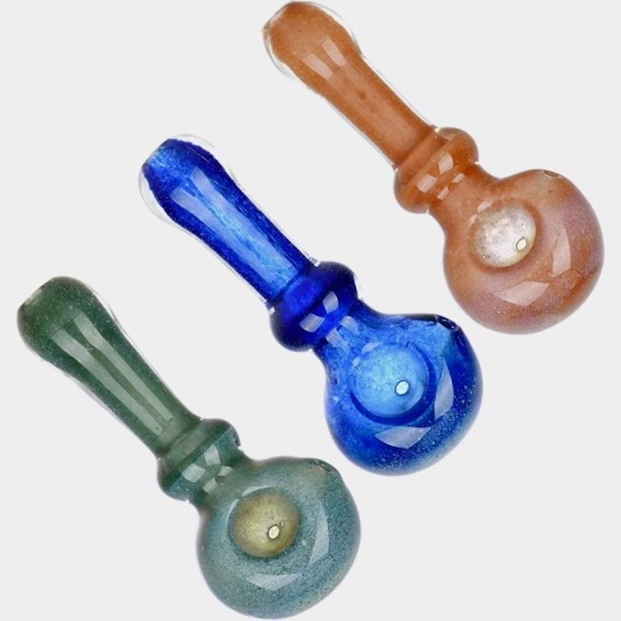 Three glass pipes in blue, green, and brown on a white background