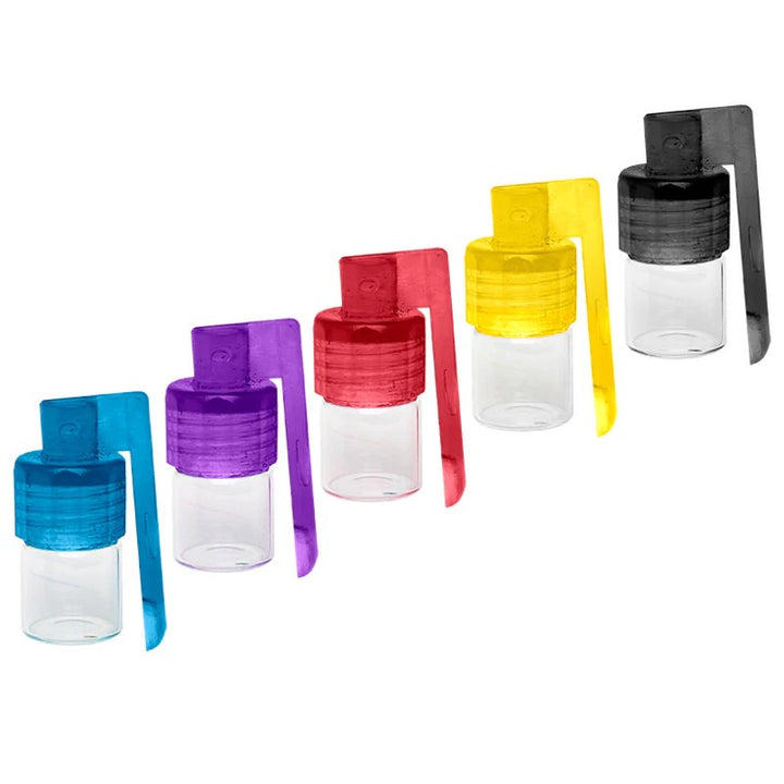 Set of colorful vials with various spoon nozzles on a white background