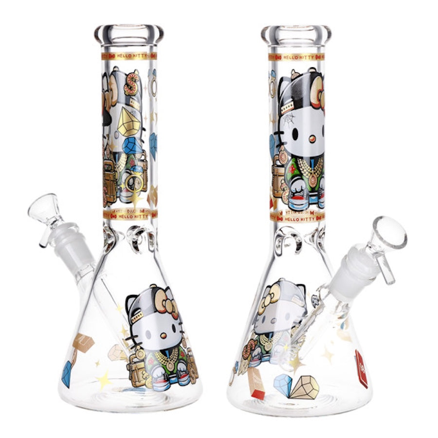 Two glass bongs with Hello Kitty design on a white background