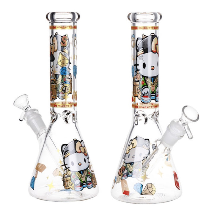 Two glass bongs with Hello Kitty design on a white background