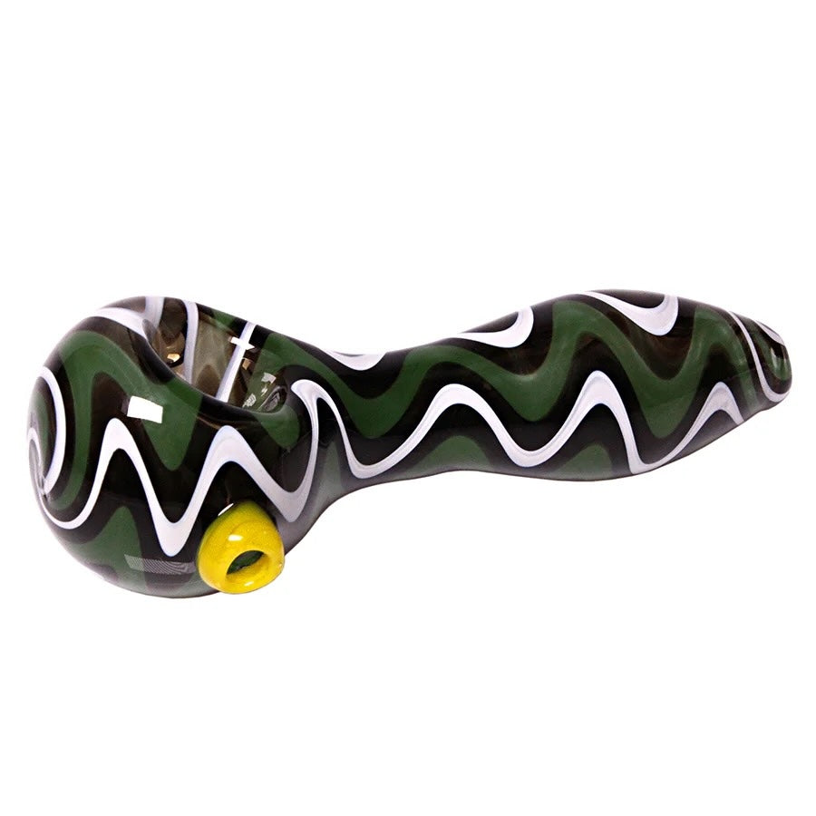 Glass smoking pipe with wavy design and yellow accent on a white background