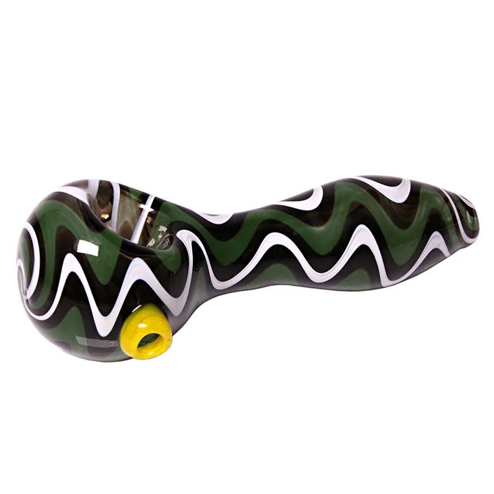 Glass smoking pipe with wavy design and yellow accent on a white background