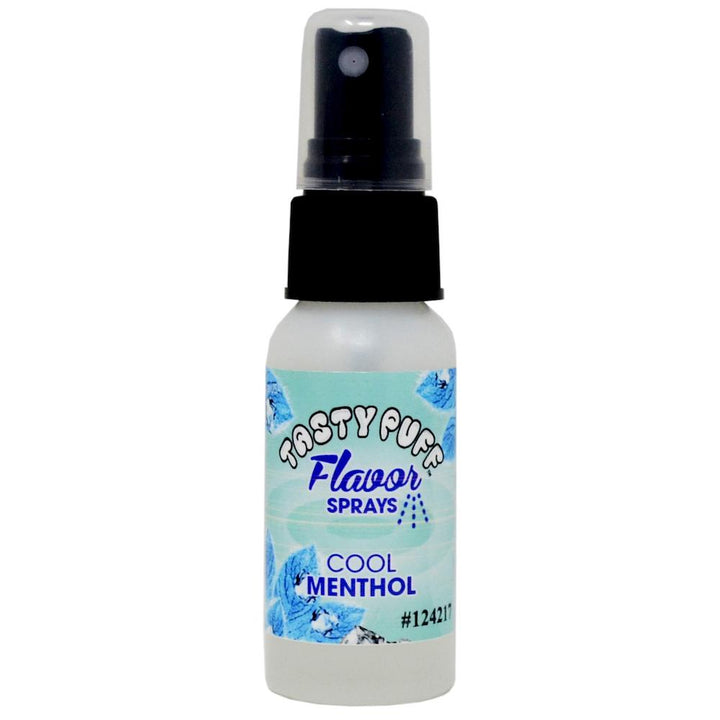 Bottle of Tasty Puff Flavor Sprays with a black spray nozzle on a white background