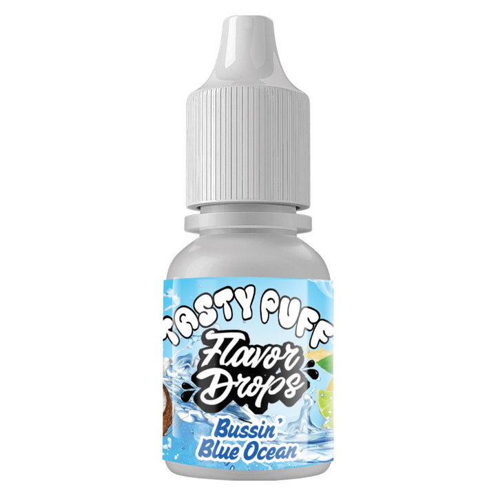 A bottle of Tastyluff Flavor Drops e-liquid in the 'Bussin Blue Ocean' flavor, featuring a white cap and a blue label with water splash graphics.