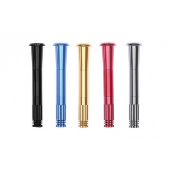 Five metal bong stems in black, blue, gold, red, and silver on a white background