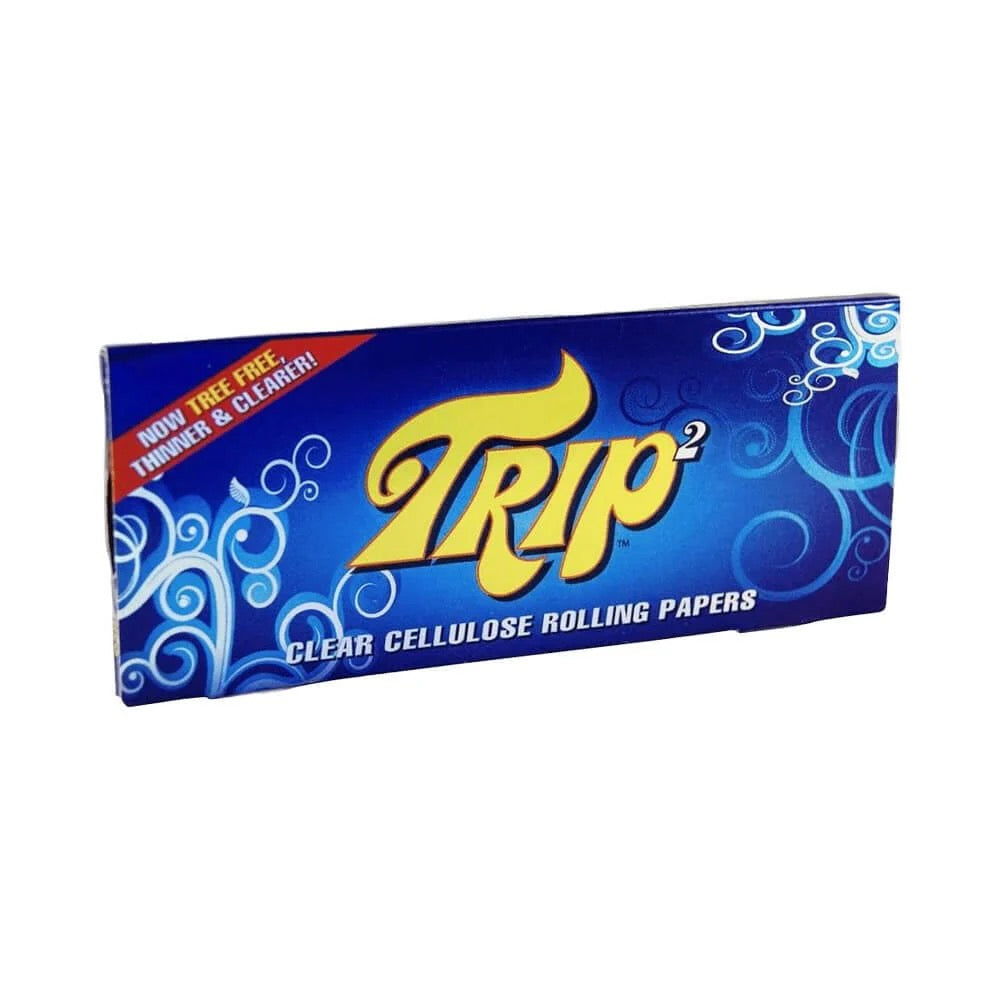Box of Trip clear cellulose rolling papers with blue and yellow design on a white background
