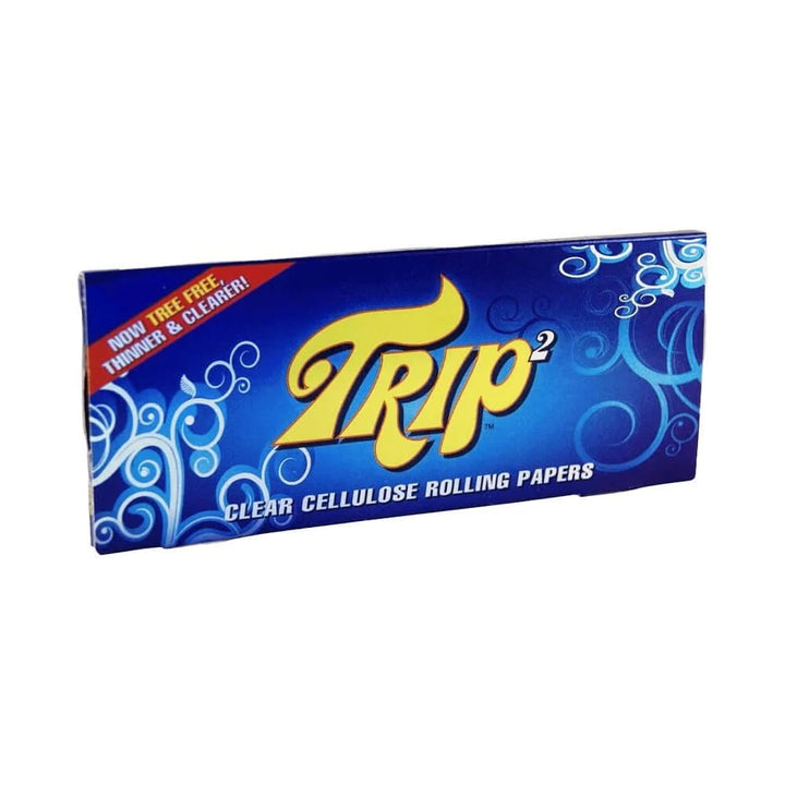 Box of Trip clear cellulose rolling papers with blue and yellow design on a white background