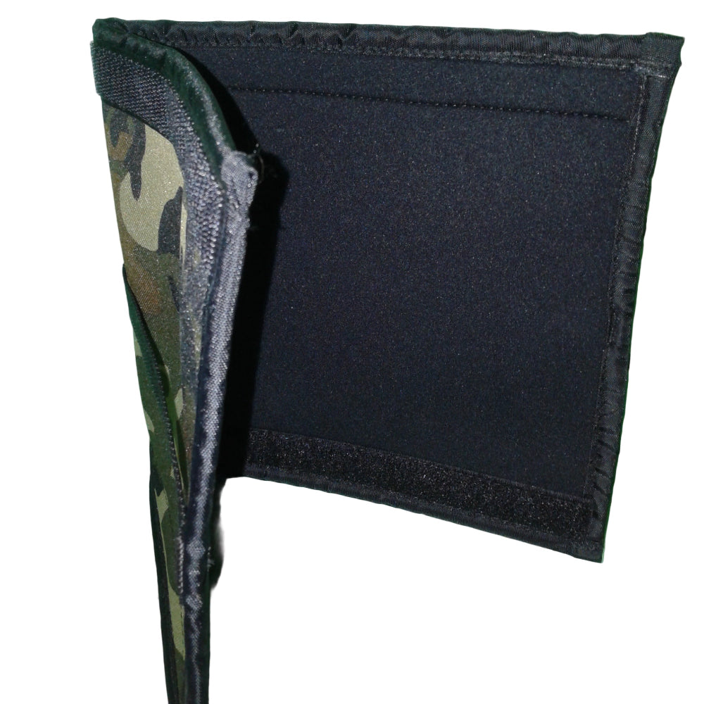 Black wallet with camouflage pattern on a green background